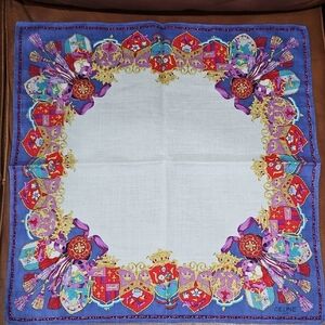 Vintage Celine Multicolor Heraldic Border Scarf w/ Tassel Motifs EUC